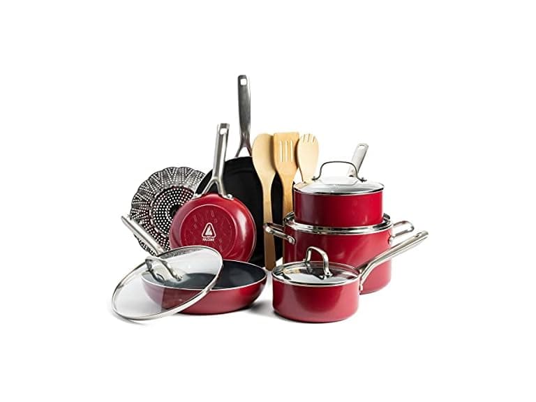 Red Volcano Textured Ceramic Nonstick, 14 Piece Set - Image 1