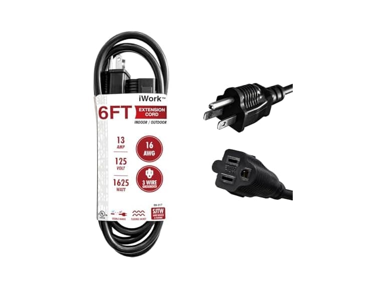 iWork 6ft Black Extension Cord, 16/3 SJTW Heavy-Duty - Image 1