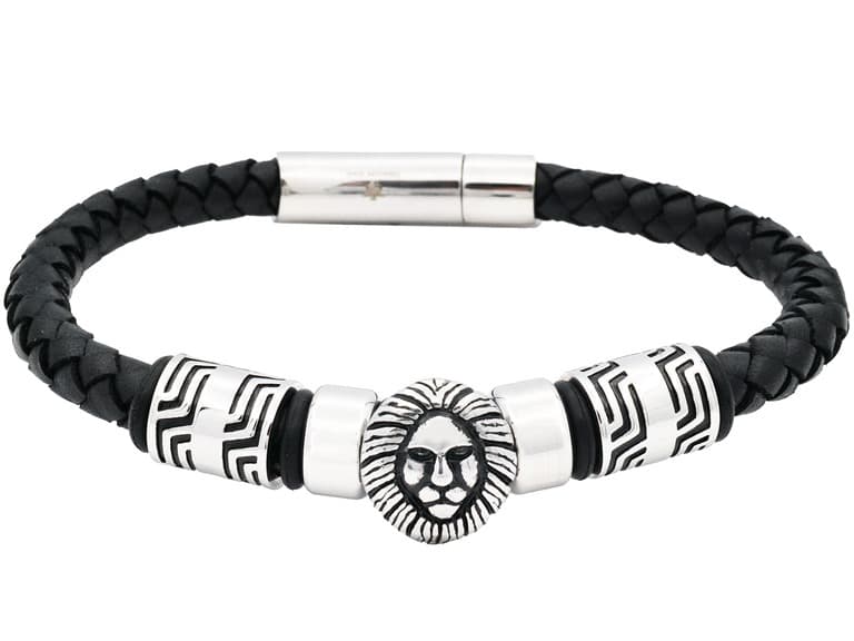 Genuine Black Leather Lion Bracelet - Image 1