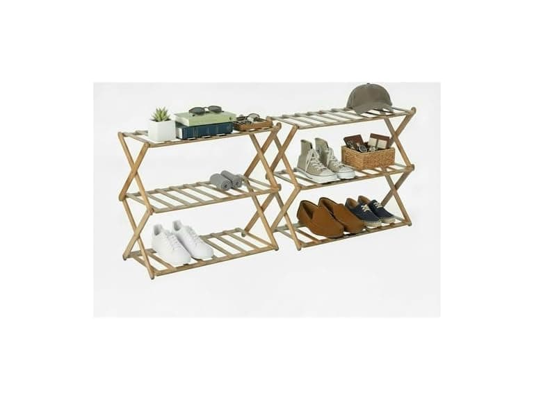 Basicwise Set of 2 Foldable Bamboo Shoe Rack 3 Tier