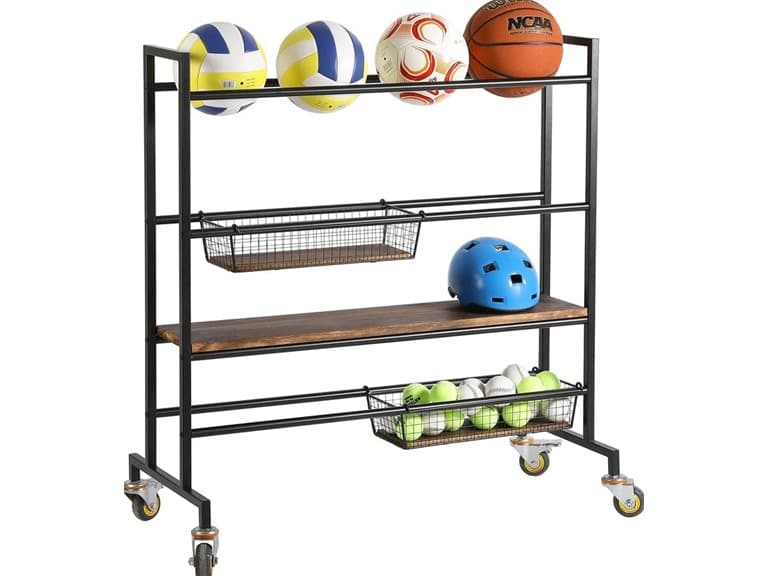 Heavy Duty Black Metal Sports Equipment Rolling Rack with Wood Shelves - Image 1