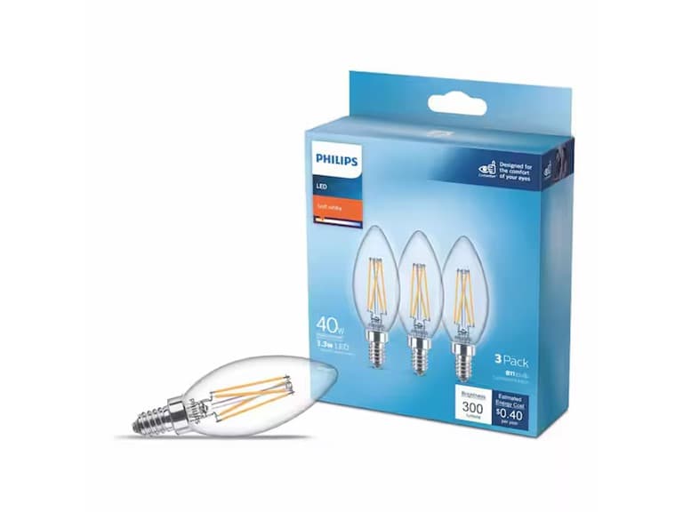 Phillips 3.3W (40W Equivalent) Soft White B11 Candelabra Clear LED Decorative Light Bulb
