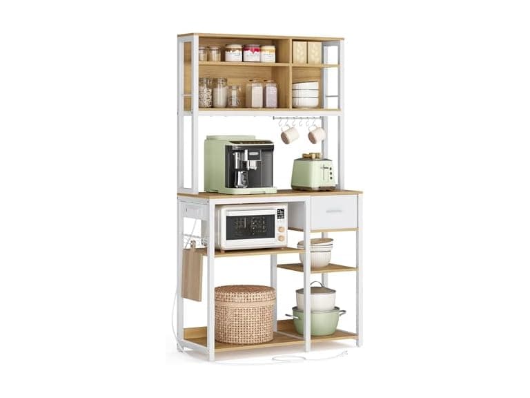 VASAGLE Bakers Rack with Charging Station, Coffee Bar, 12 Hooks