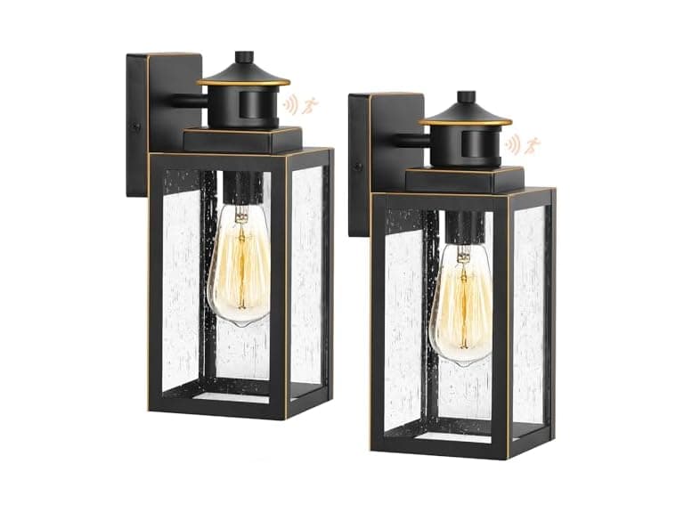 BesLowe 2-Pack Motion Sensor Outdoor Wall Lights, Black with Gold Trim - Image 1
