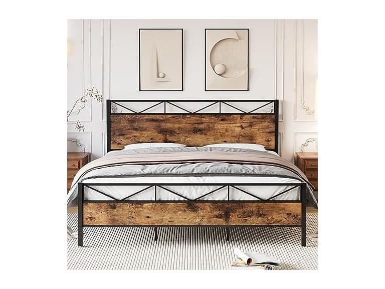 GAOMON Queen Metal Bed, Rustic Wood - Image 1