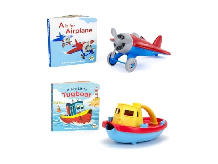 Green Toys Tugboat & Board Book & Airplane Board Book Bundle  - Image 1