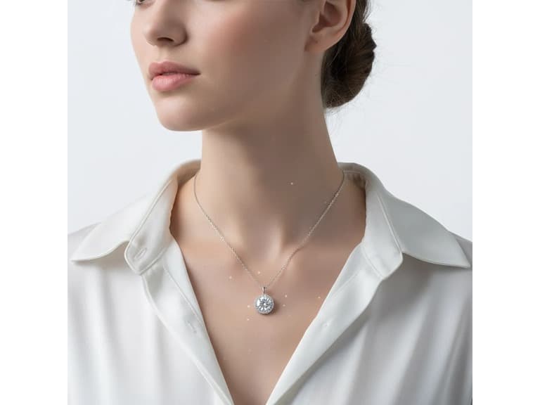 Moissanite Diamond Round Halo Necklace - Image 1