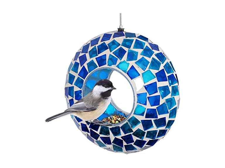 Sunnydaze 6-Inch Glass Mosaic Hanging Bird Feeder, Blue Mosaic - Image 1