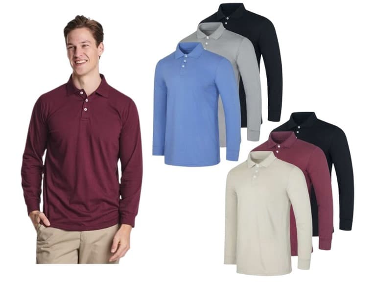 6PK Men's Cotton Long-Sleeve Polo Shirts - Image 1