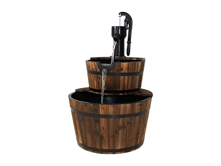 Sunnydaze 2-Tier Wood Barrel Water Fountain - 34-Inch - Image 1