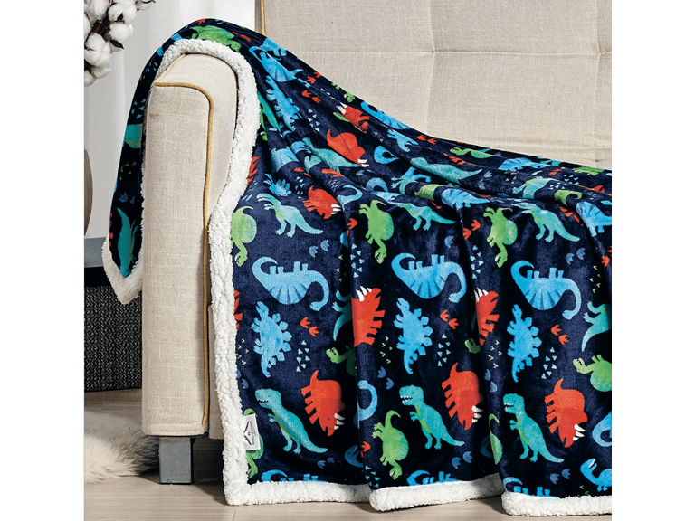 Navy Dino Faux Shearling Sherpa Throw Blanket - Image 1