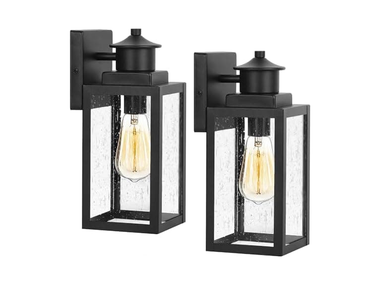 BesLowe 2-Pack Outdoor Wall Lights with Seeded Glass, Black - Image 1