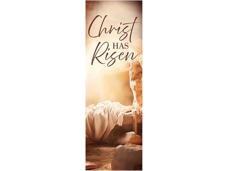 Christian Brands Easter Banner “Christ Has Risen” Tomb Church Banner, 2' x 6' - Image 1