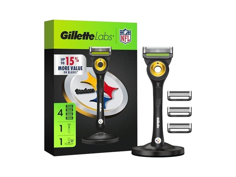 Gillette Labs Special NFL Steelers Edition Shaving Razor for Men - 1 Handle, 4 Razor Blade Refills & Magnetic Stand, GilletteLabs with Exfoliating Bar - Image 1