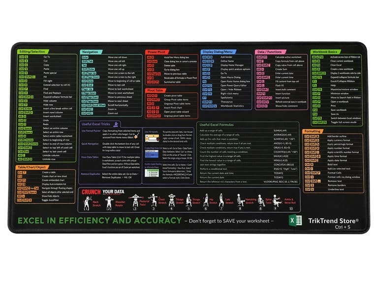 Excel Shortcut Gaming Mouse Pad- Black - Image 1