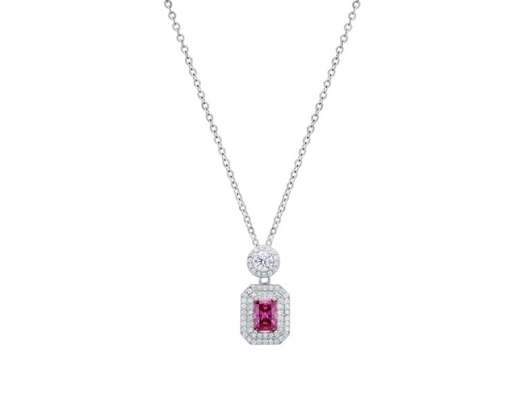 Pink Emerald Cut Diamond Halo Necklace - Image 1