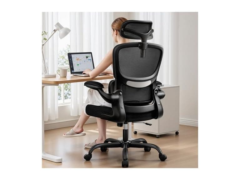 BESTFAIR High Back Ergonomic Office Chair, Breathable Mesh Desk Chair with Lumbar Support, Adjustable Headrest, Flip-up Armrests, Computer Gaming Chair, (Black) (Open Box) - Image 1