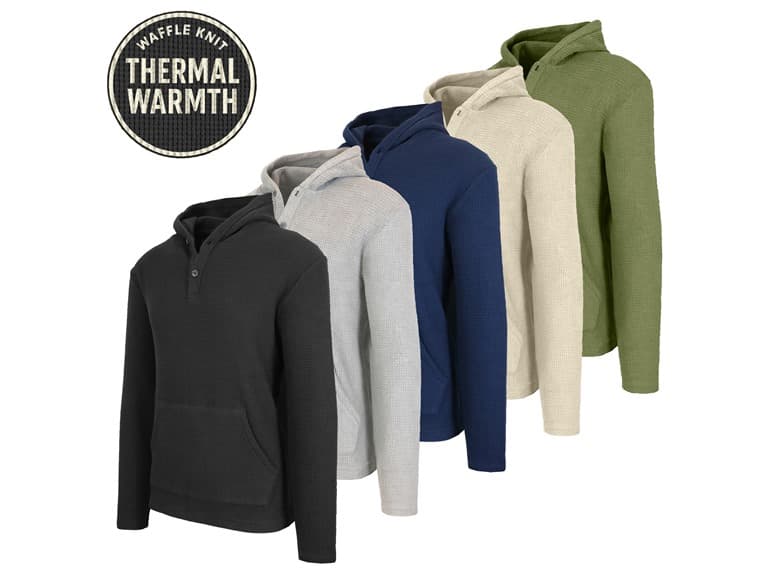 3Pk Mens Waffle-Knit Thermal Henley Pullover Hoodie - Image 1