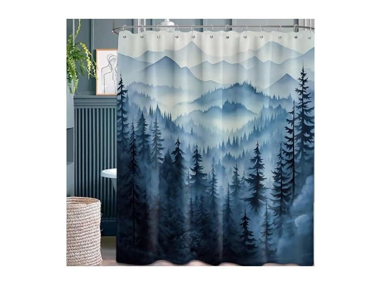 Navy Blue Forest Shower Curt Dark Mountain - Image 1