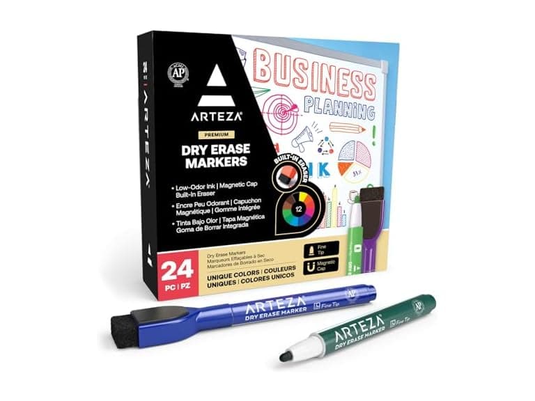 ARTEZA Fine Tip Dry Erase Markers with Eraser - Image 1