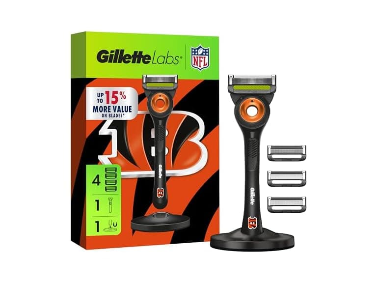 Gillette Labs Special NFL Bengals Edition Shaving Razor for Men - 1 Handle, 4 Razor Blade Refills & Magnetic Stand, GilletteLabs with Exfoliating Bar - Image 1