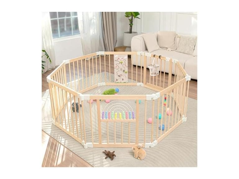 Ulnxiy Foldable Wooden Baby Playpen Activity Center,Adjustable Size & Shape Portable Play Yard, Baby Fence Play Area with Gate for Indoor Use for Babies and Toddlers(56x56x24inches) (Open Box) - Image 1