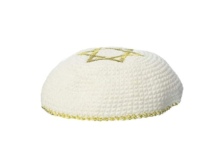 17 cm. White Wool Knitted Kippah with Gold