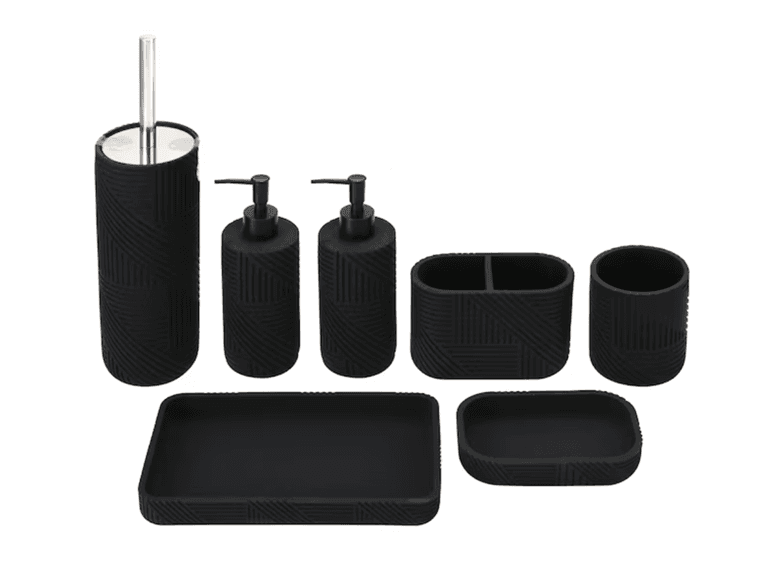 J&V Textiles 7 Piece Bathroom Accessories Set BLACK - Image 1