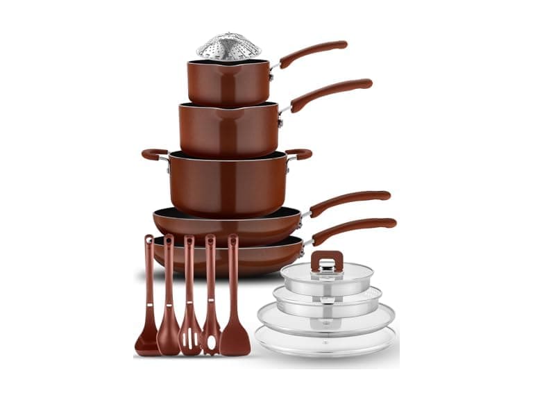 NutriChef NutriChef 17pcs Brown Stackable Pots and Pans - Image 1