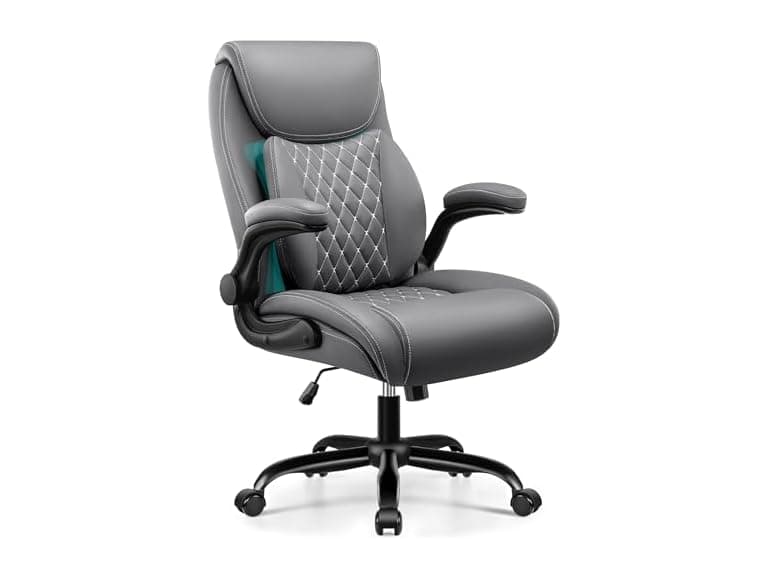 BESTFAIR Office Chair, Executive Computer Desk Chair with Lumbar Support for Lower Back Pain Relief, Ergonomic Leather Home Chair Comfy with Padded Flip-up Arms and Adjustable Armrests, Gray (Open Box) - Image 1