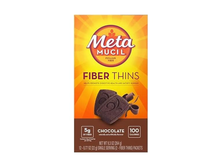 Metamucil Fiber Thins, Psyllium Husk Fiber Supplement, Digestive Health Support and Satisfy Hunger, Chocolate Flavored, 12 Servings - Image 1