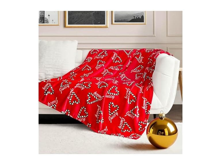 Juicy Couture Candy Cane Hearts Plush 50" x 70" Blanket - Image 1