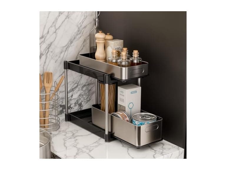 Home Zone Living 2-Tier Stainless Steel Cabinet Pull Out Organizer  - Image 1