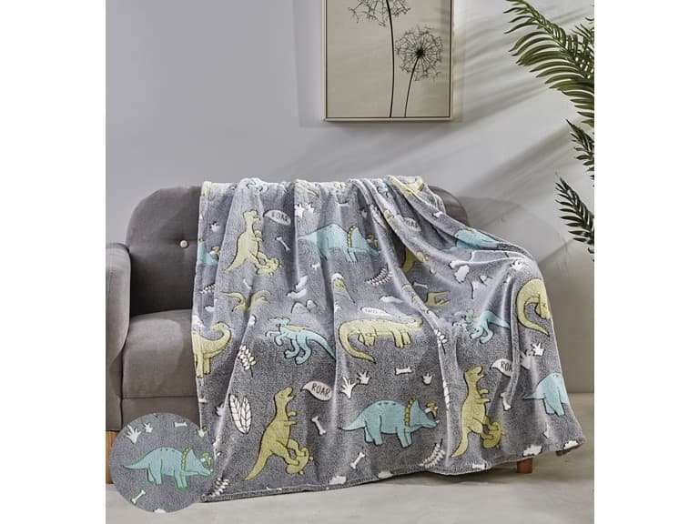 2Pk Glow In The Dark Throw Grey Dino Friends - Image 1