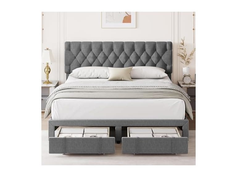 GAOMON Queen Bed w/ 2 Drawers, Tufted - Image 1