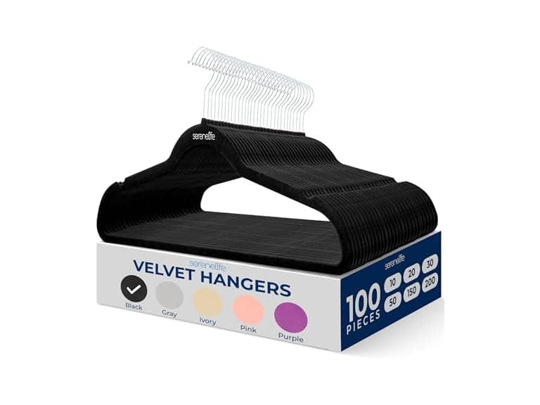 SereneLife Velvet Hangers 100 Pack Black - Image 1