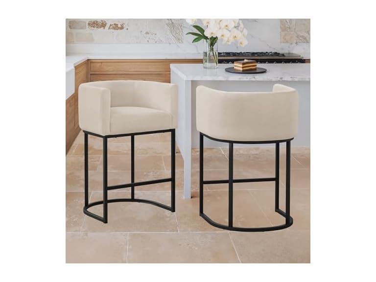 LUE BONA 27" H Counter Height Bar Stools Set of 2, Modern Barrel Counter Stools with Backrest and Arms, Black Metal Frames, Linen Fabric Upholstered Accent Barstools for Kitchen Island, Linen Color (Open Box) - Image 1