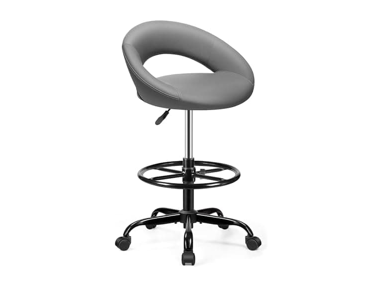 BESTFAIR Drafting Chair for Standing Desk, Height Adjustable Rolling Stool with Backrest & Footrest, Tall 360° Swivel PU Leather Stool Chair with Wheels for Office, Gray (Open Box) - Image 1