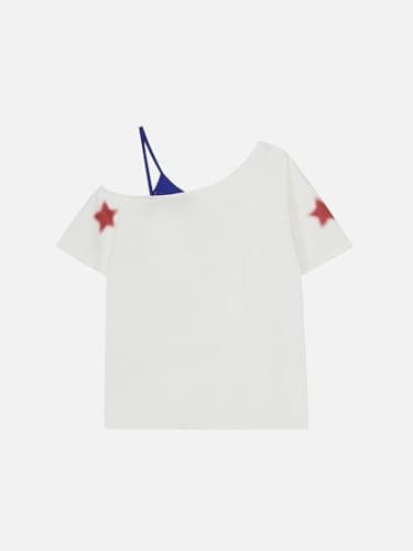 Aelfric Eden Star Graphic Off The Shoulder Tee Women's Oversized Graphic Tees Short Sleeve Summer Cute T Shirts Y2K Tops WhiteBlue X-Small - Thumbnail 3