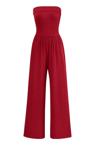 PRETTYGARDEN One Piece Strapless Jumpsuits for Women Dressy Casual Wide Leg Tube Rompers Jumper Beach Vacation Summer Outfits 2026 (Red,M) - Image 1
