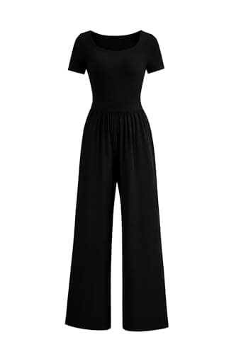 PRETTYGARDEN Women's Summer One Piece Jumpsuits Dressy Casual Short Sleeve Square Neck Wide Leg Rompers Travel Outfit Clothes (Black,X-Large) - Image 1