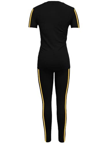 BNGPIKLY Women 2 Piece Outfits Blank Summer Tracksuit Set Short Sleeve Top Travel Long Pant Jogger Lounge Set BlackYellow S - Thumbnail 5
