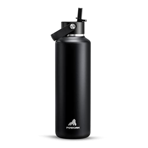 POWCAN 24 oz Slim Insulated Water Bottle with Straw: Leakproof, Keep Cold 24H, Cupholder Friendly, Top Handle, BPA-free, Stainless Steel Water Bottle for Sport, Travel, School, Gym (Midnight Black) - Image 1