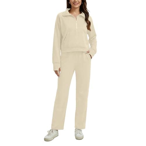 Anyshe Women's 2 Piece Sweatsuit Set Lounge Set Half Zip Sweatshirt with Kangaroo Pocket Thumb Holes Wide Leg Drawstring Pants Casual Tracksuit for Travel Daily Wear, Off White, Large - Image 1