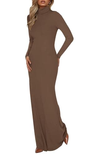 BTFBM Womens Fall Dresses Long Sleeve Turtle Neck Stretchy Knit Maxi Semi Formal Party Spring Wedding Guest Dress 2026(Brown, Medium) - Image 1