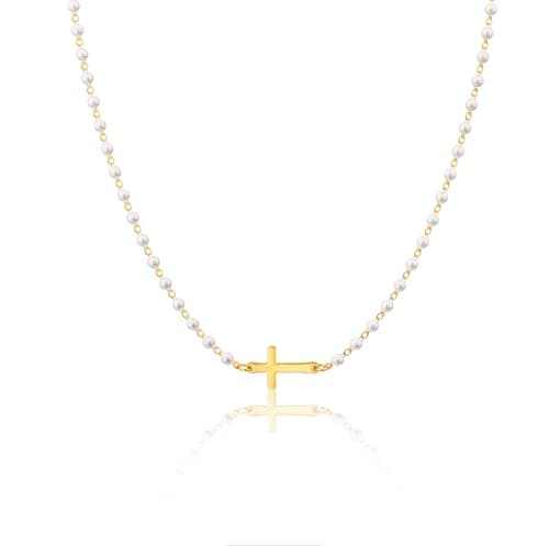 Moodear Cross Necklace for Women Non Tarnish - Trendy 14K Gold Plated Sideway Cross Pendant Pearl Choker Chain Necklaces for Women Dainty Religious Jewelry Gifts - Image 1