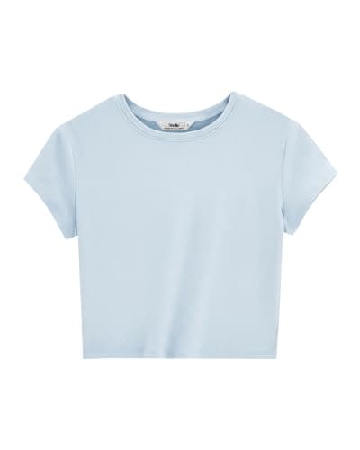 Stelle Womens Crewneck Crop Tops Short Sleeve Basic T Shirts Cute Going Out Baby Tee Blue X-Large - Thumbnail 4