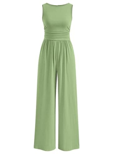 PRETTYGARDEN One Piece Jumpsuits for Women Dressy Casual Sleeveless Crewneck Wide Leg Rompers Jumpers Vacation Summer Spring Outfits(Light Green, S) - Image 1