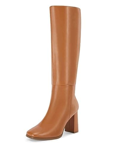 Coutgo Womens Wide Calf Knee High Boots Chunky High Heel Square Toe Fashion Leather Shoes with Side Zipper,Brown,Size 8 - Image 1