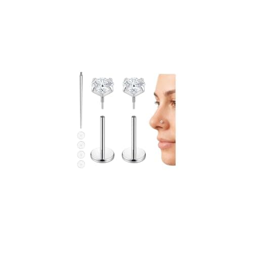 MHWTTY Hypoallergenic Nose Studs Flat Back Screw on Ear Studs 18K Gold Plated 316 Stainless Steel, 3 colors CZ Studs for Nose, Ear, Lip, Tongue, Navel, 2-5mm CZ 6-8mm Bar Length with 1 Taper,4 Silicone Pads (Silver, 3mm) - Image 1